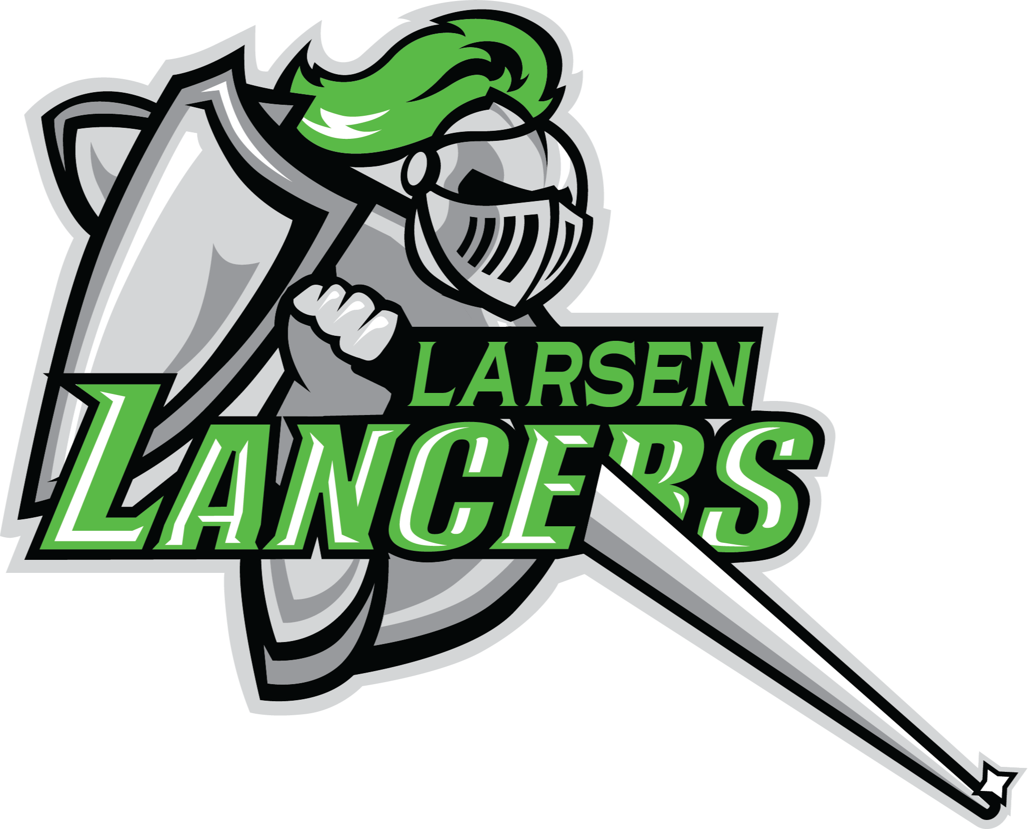 A knight with a green plumed helmet holding a sword and shield, labeled "LARSEN LANCERS".