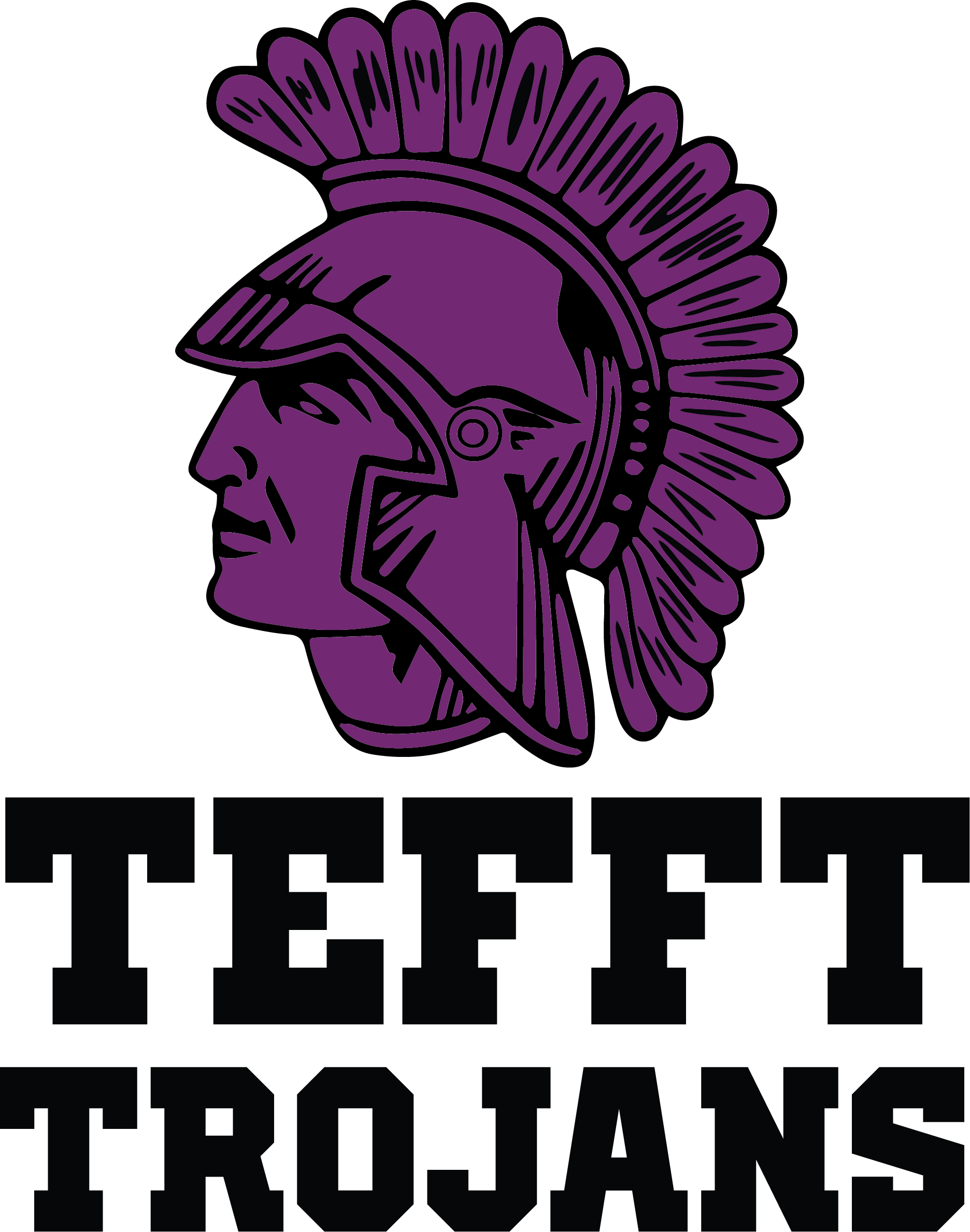 Purple helmet with feathers and a visor on a black background. Text "Tefft Trojans" in white letters below.