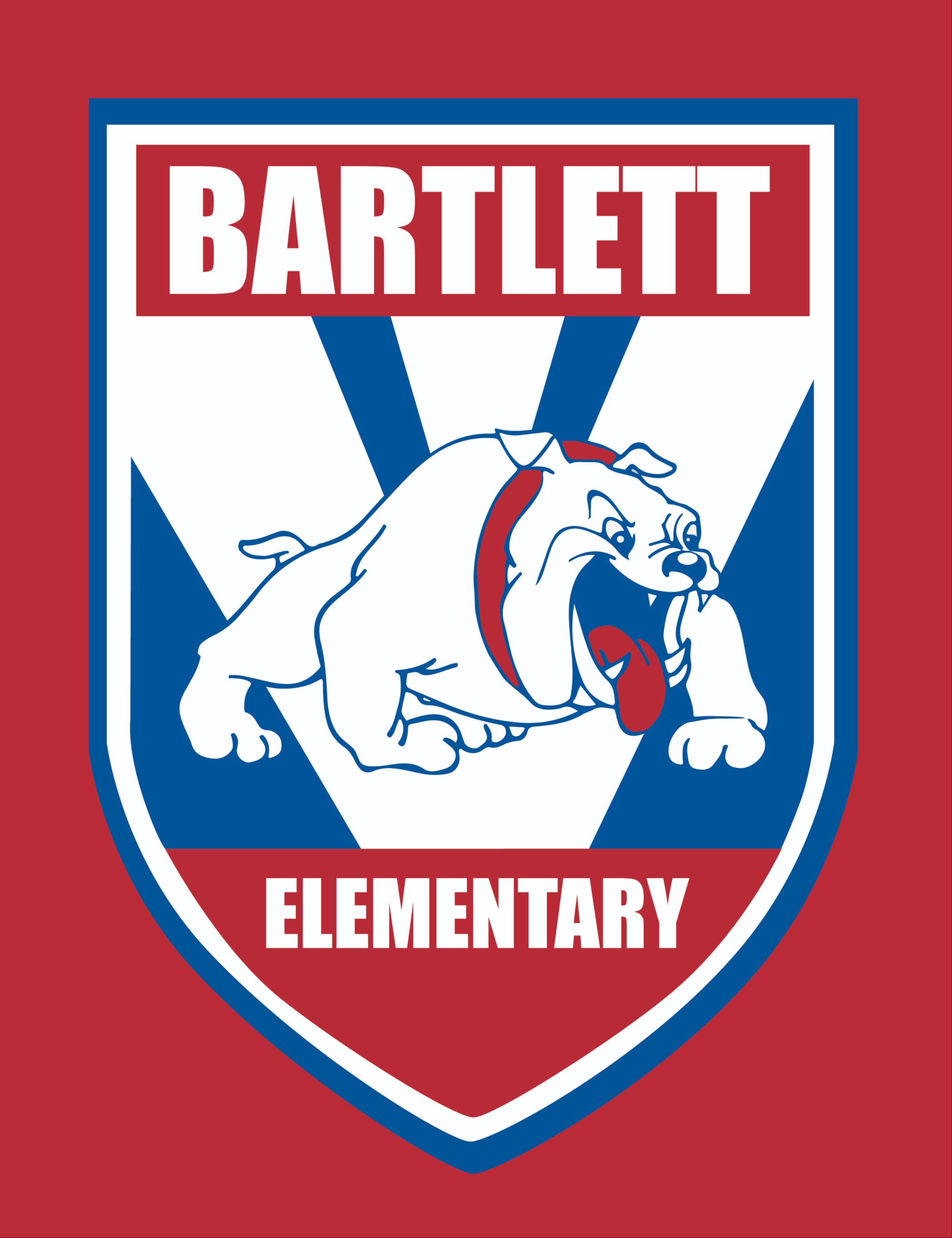 Bartlett Elementary logo features a white bulldog with a red collar, mouth open, on a red, blue, and white shield.