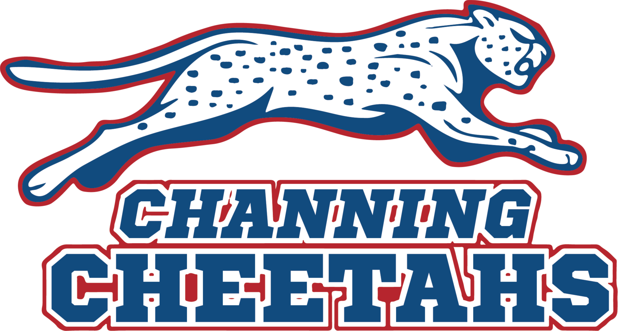 Black background with white and blue cheetah leaping over blue text reading "Channing Cheetahs".