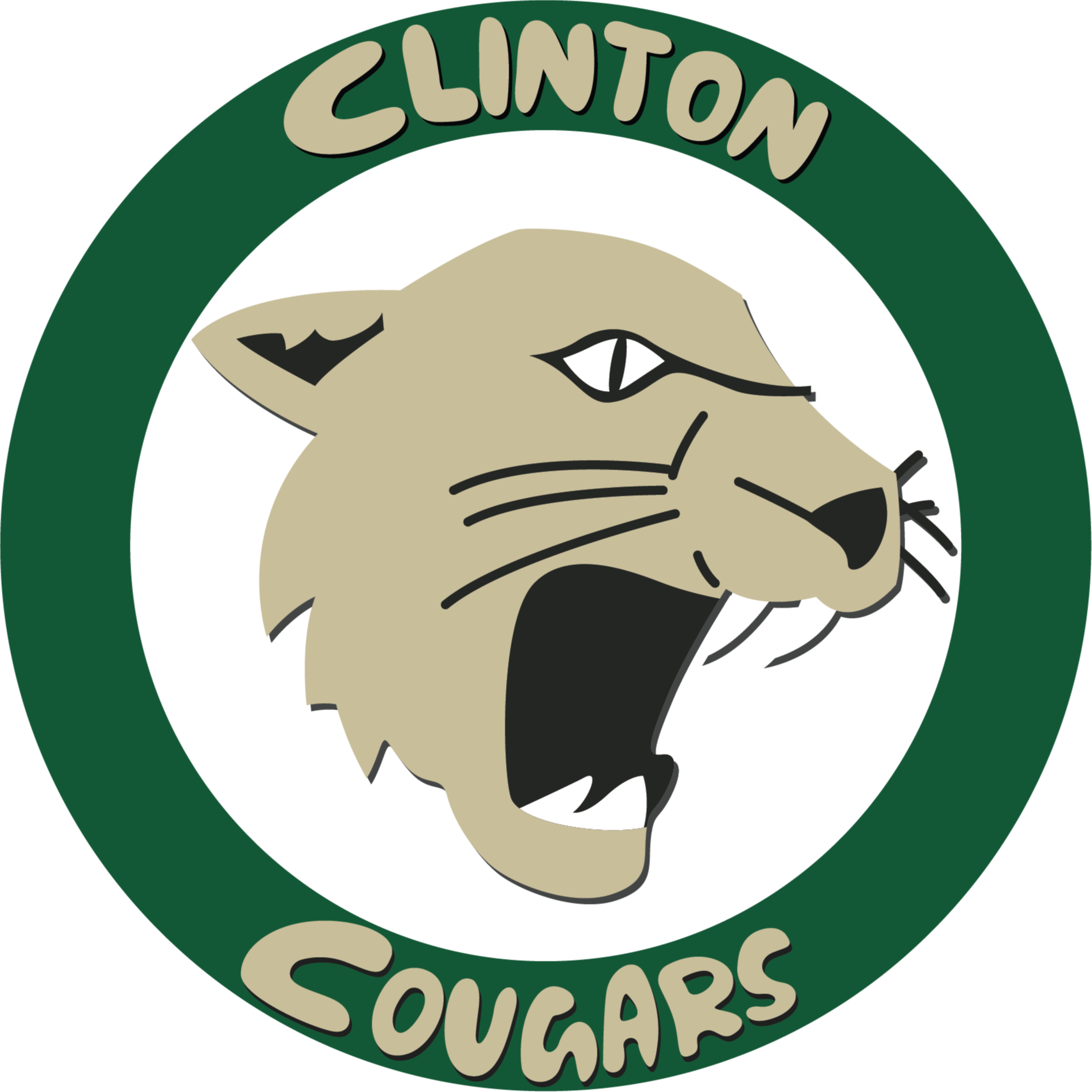 A logo displays a roaring lion in a circle. Above and below the lion, "CLINTON" and "COUGARS" are written in white text.