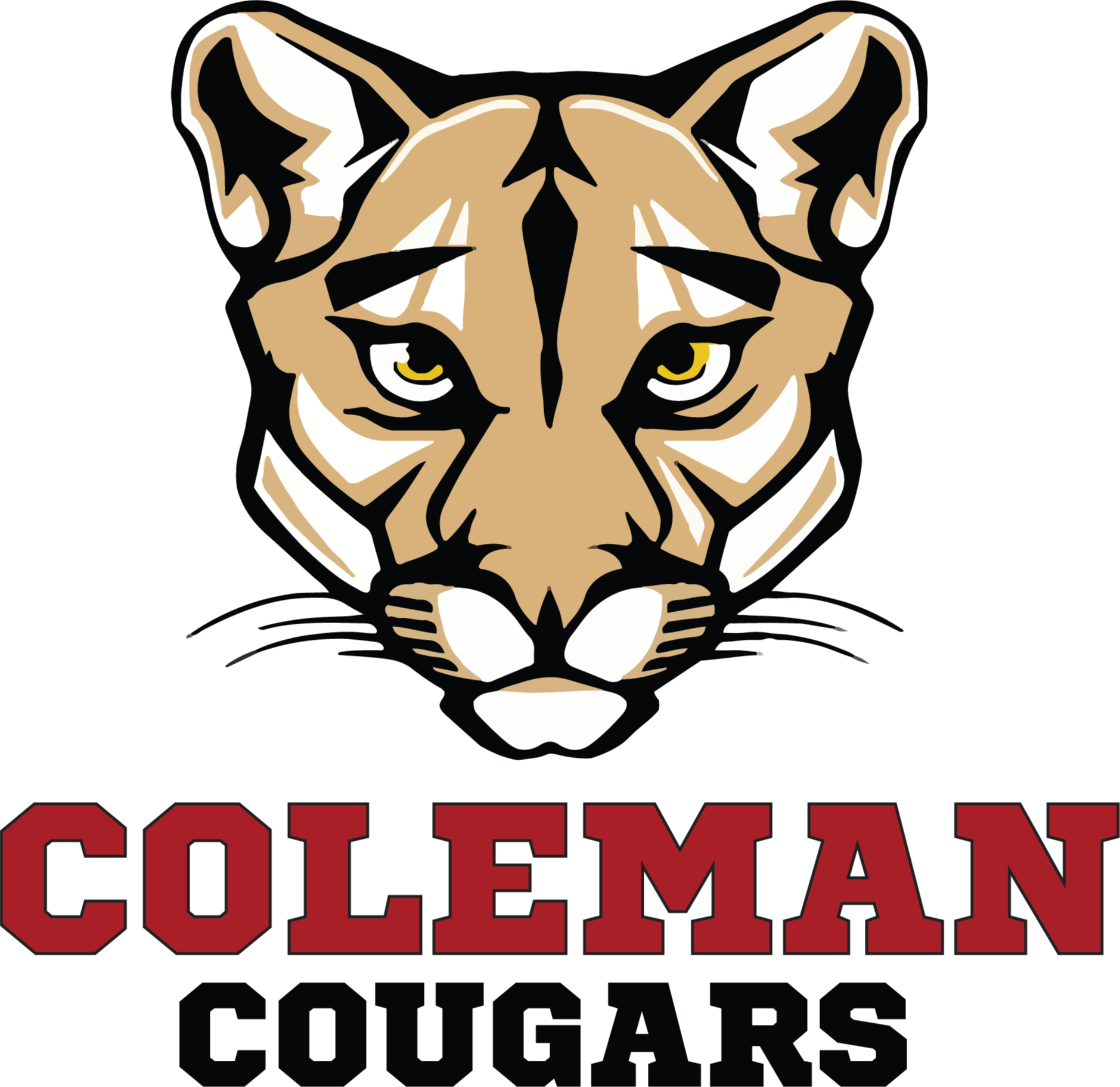 A lion head in profile, with yellow eyes, is displayed on a black background. The words "COLEMAN COUGARS" in red letters are beneath the lion.