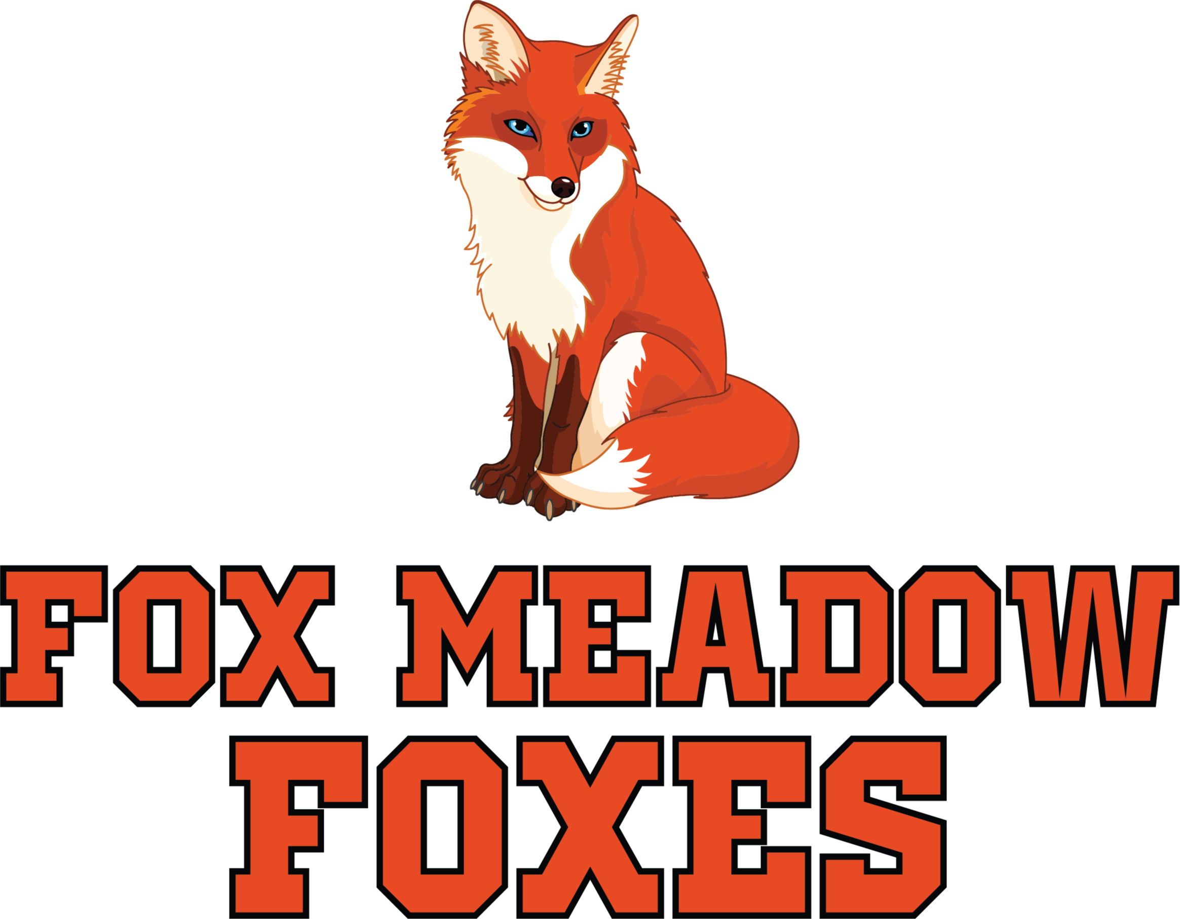 A fox sits on a black background. The words "Fox Meadow Foxes" are below the fox in large orange letters.