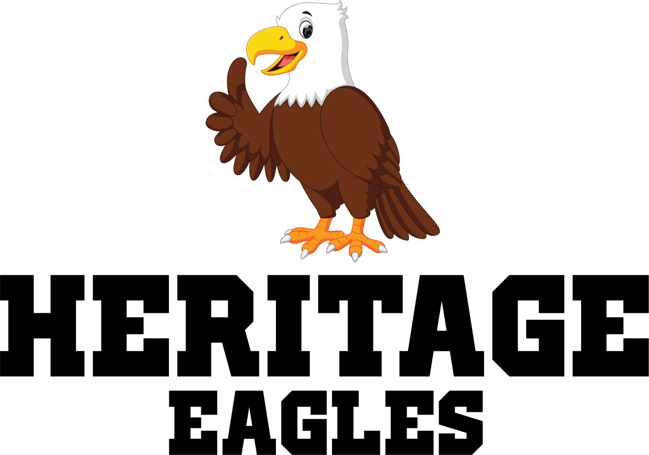 An eagle with white head and brown body, yellow beak, and orange talons stands on a black background.