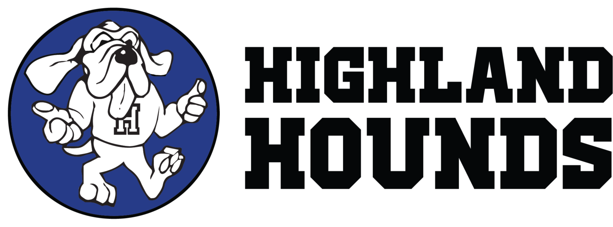 A logo with a blue circle showing a dog in a jumping stance, surrounded by the text "HIGHLAND HOUNDS".