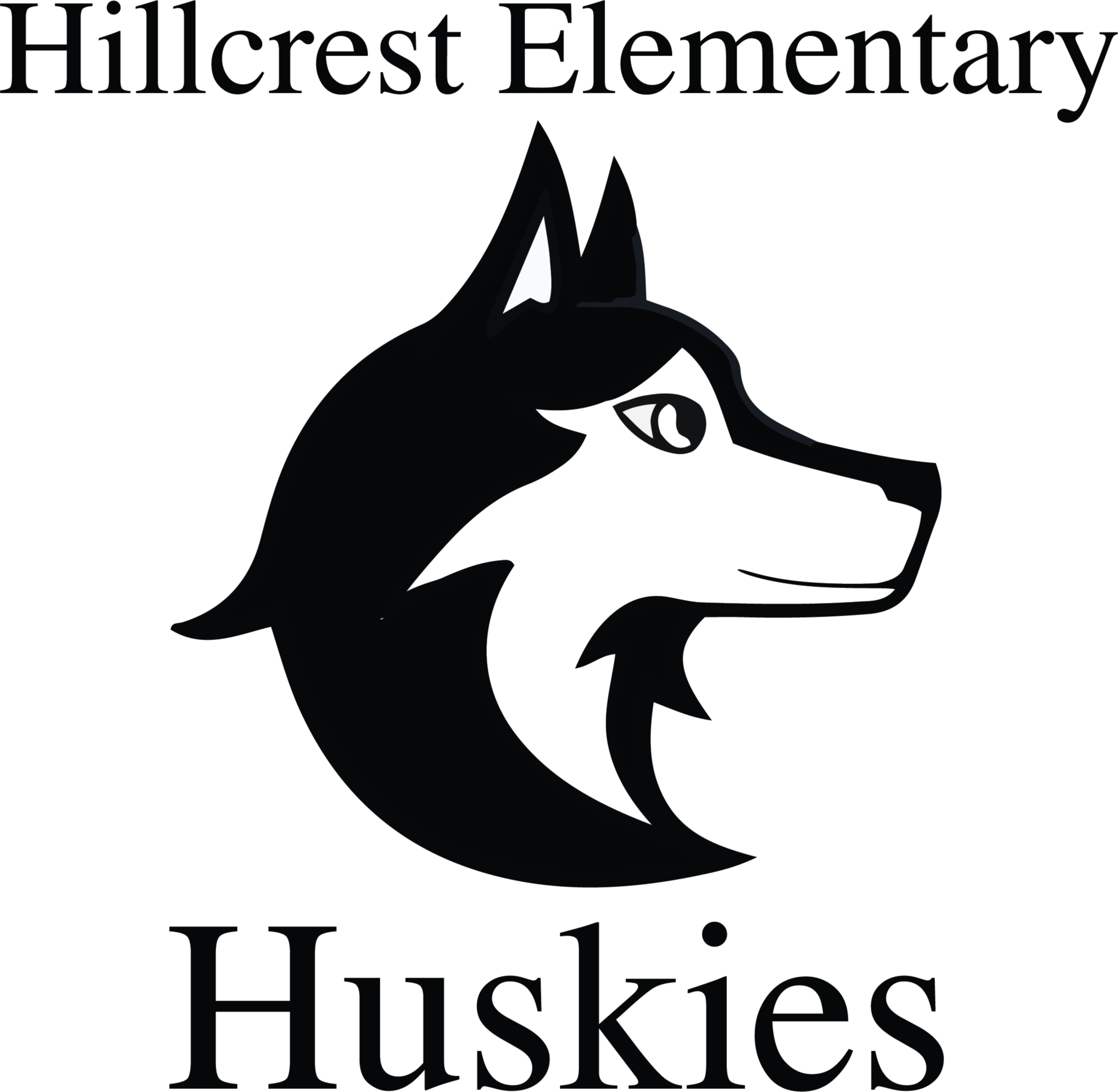 A black-and-white illustration of a Siberian Husky face on a black background. "Hillcrest Elementary" and "Huskies" are displayed.