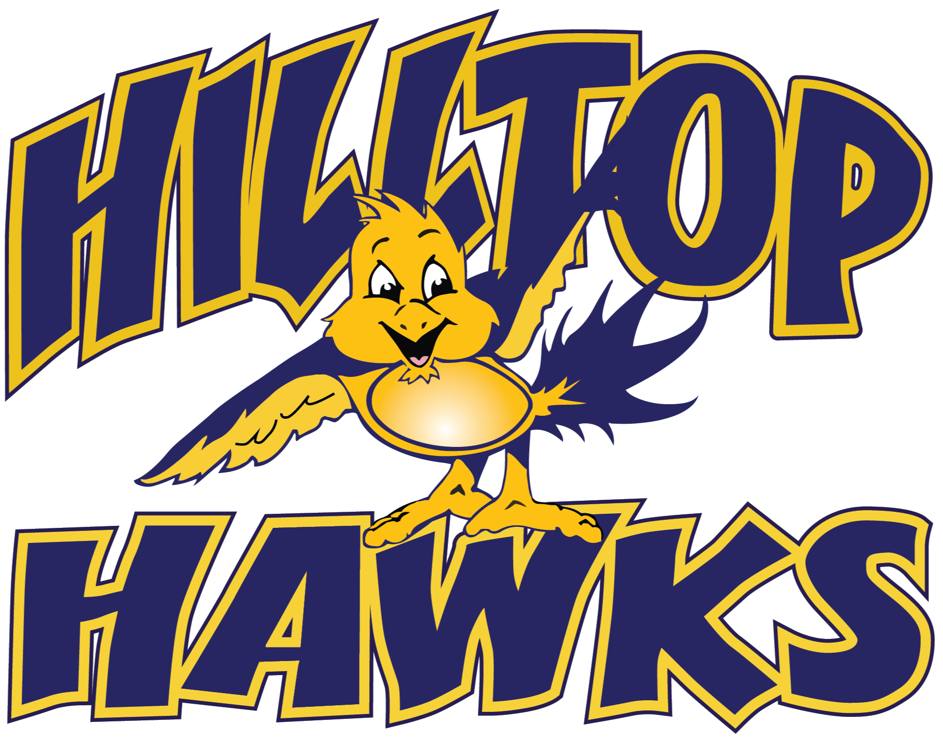 Logo featuring stylized "HILLTOP HAWKS" text with a yellow bird flying above it on a black background.