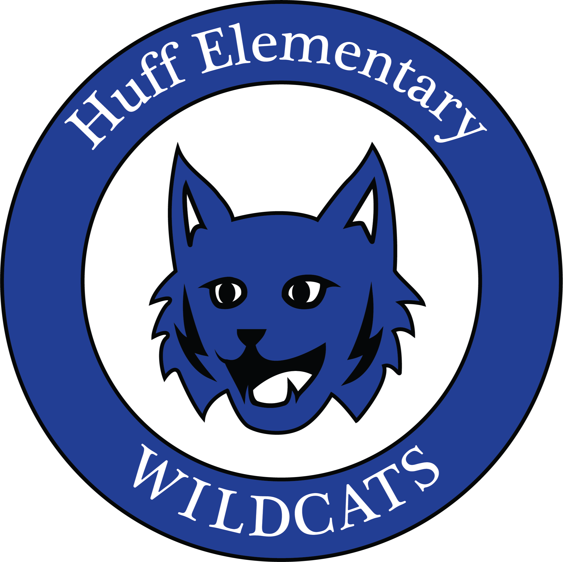 Huff Elementary logo featuring a blue cat with a toothy grin inside a circle with text.