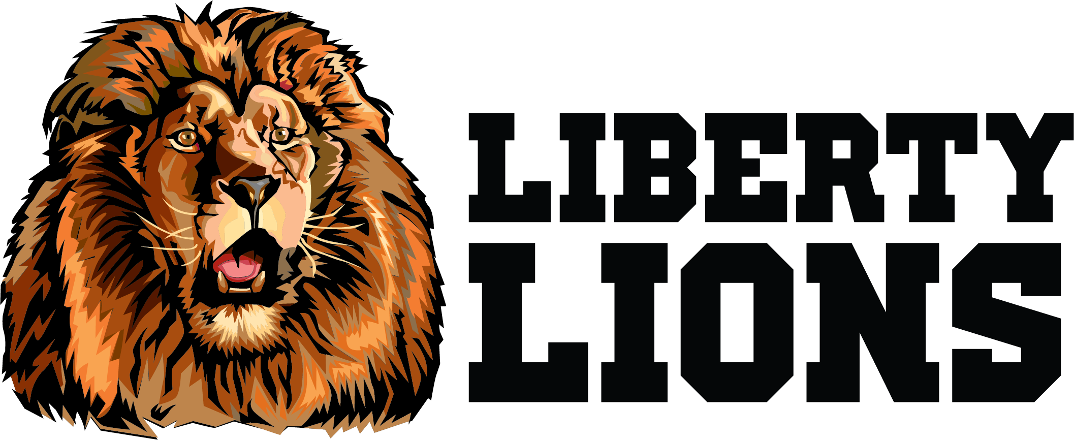 An illustration of a lion with a mane in front of the words "Liberty Lions".
