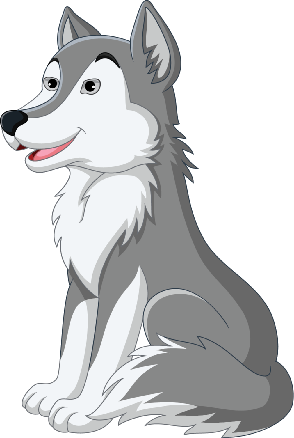 A cartoon wolf with gray and white fur sits on a black background, with a black nose and pink tongue.