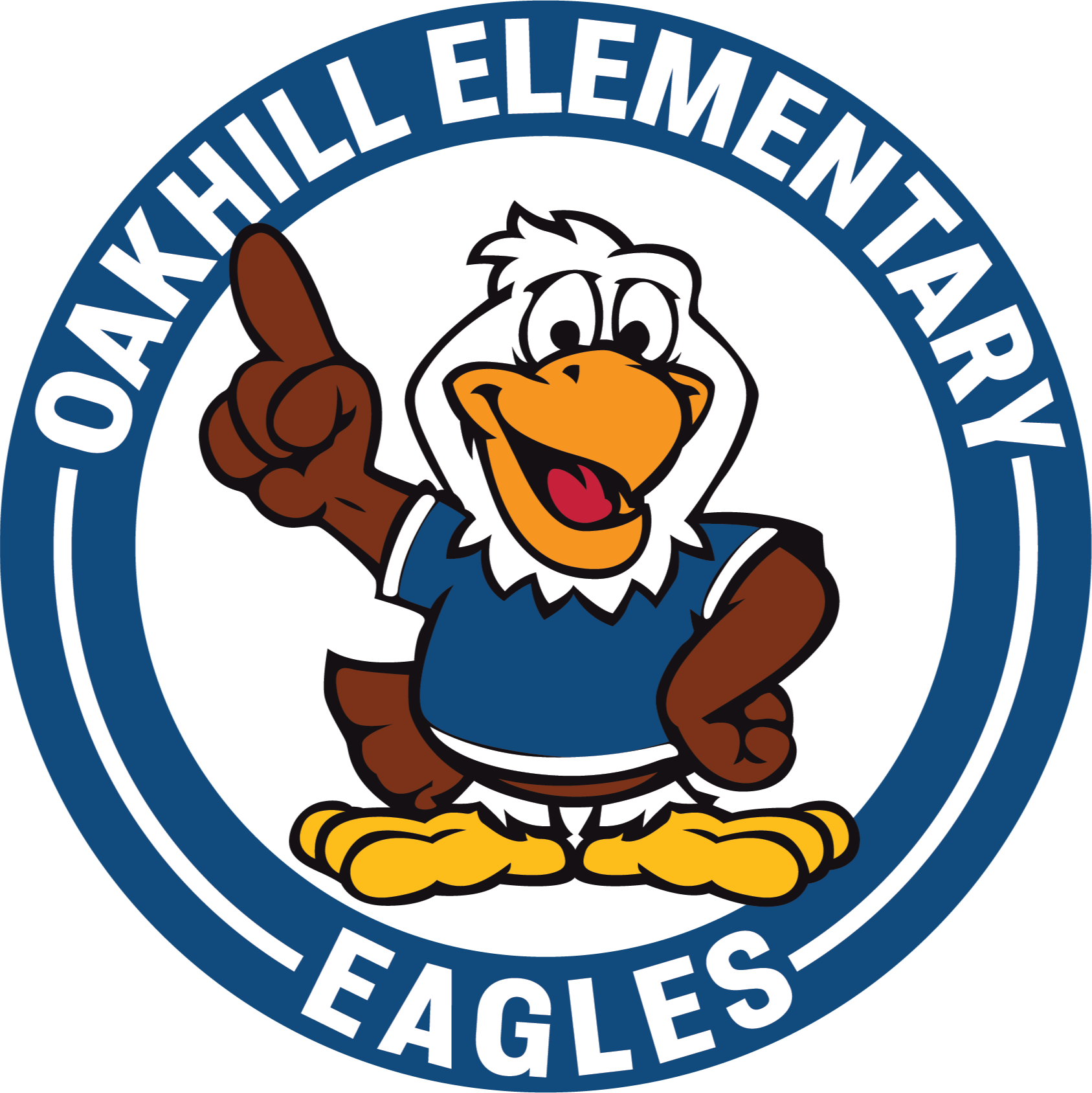 Logo features an eagle wearing a blue shirt and pointing. Words "Oakhill Elementary Eagles" appear in a circle.