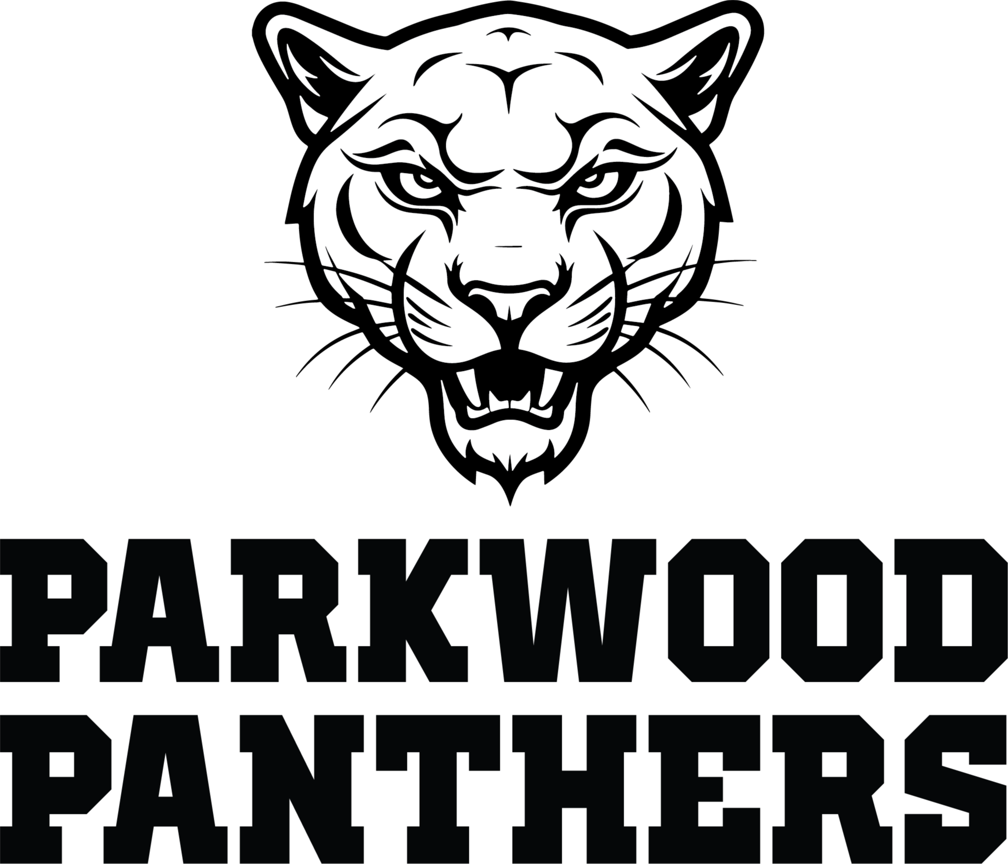 A logo featuring a white tiger's head, open-mouthed, with "Parkwood Panthers" written below in white letters against a black background.