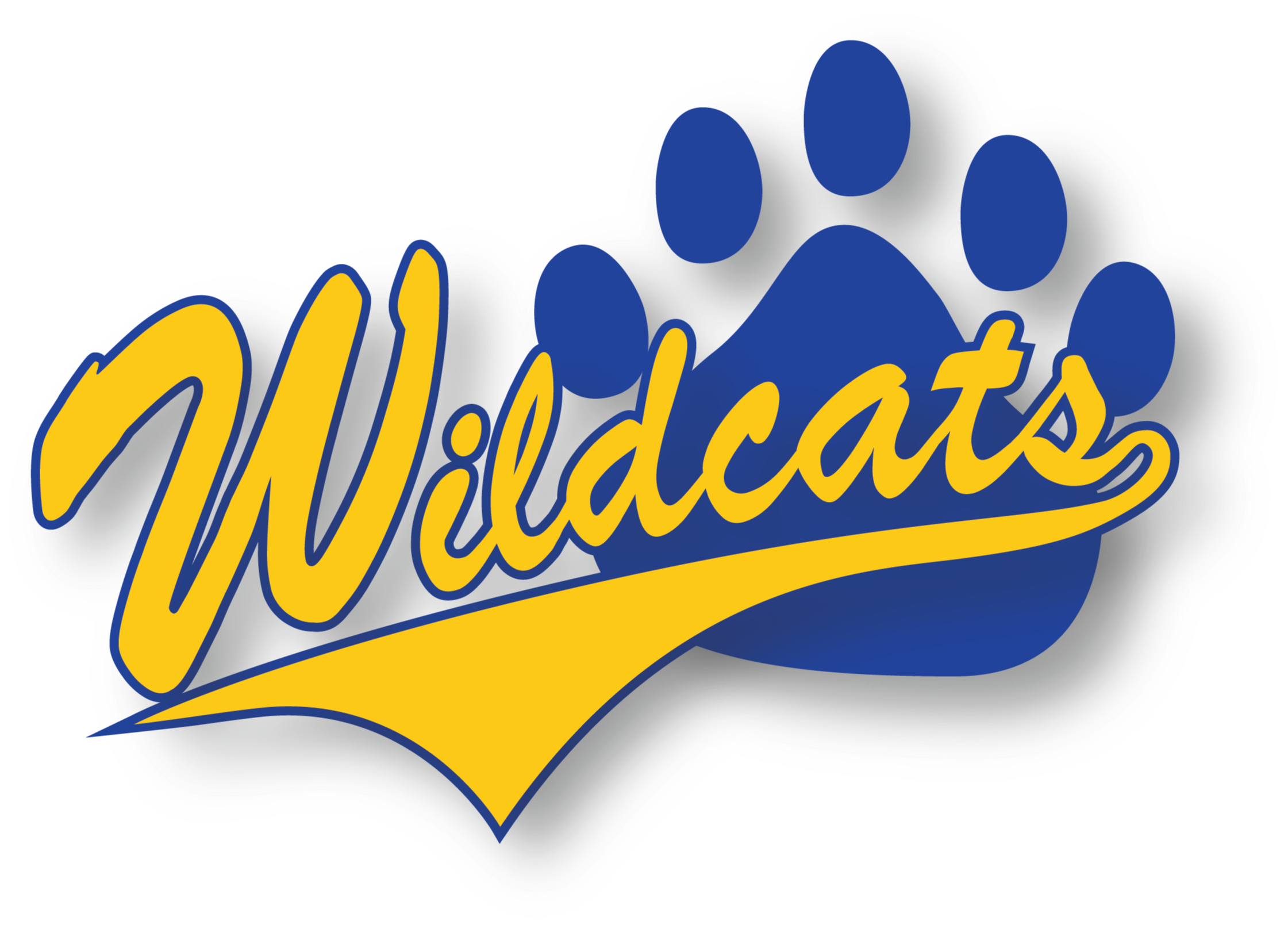 Blue and yellow Wildcats text with a paw print on a black background.