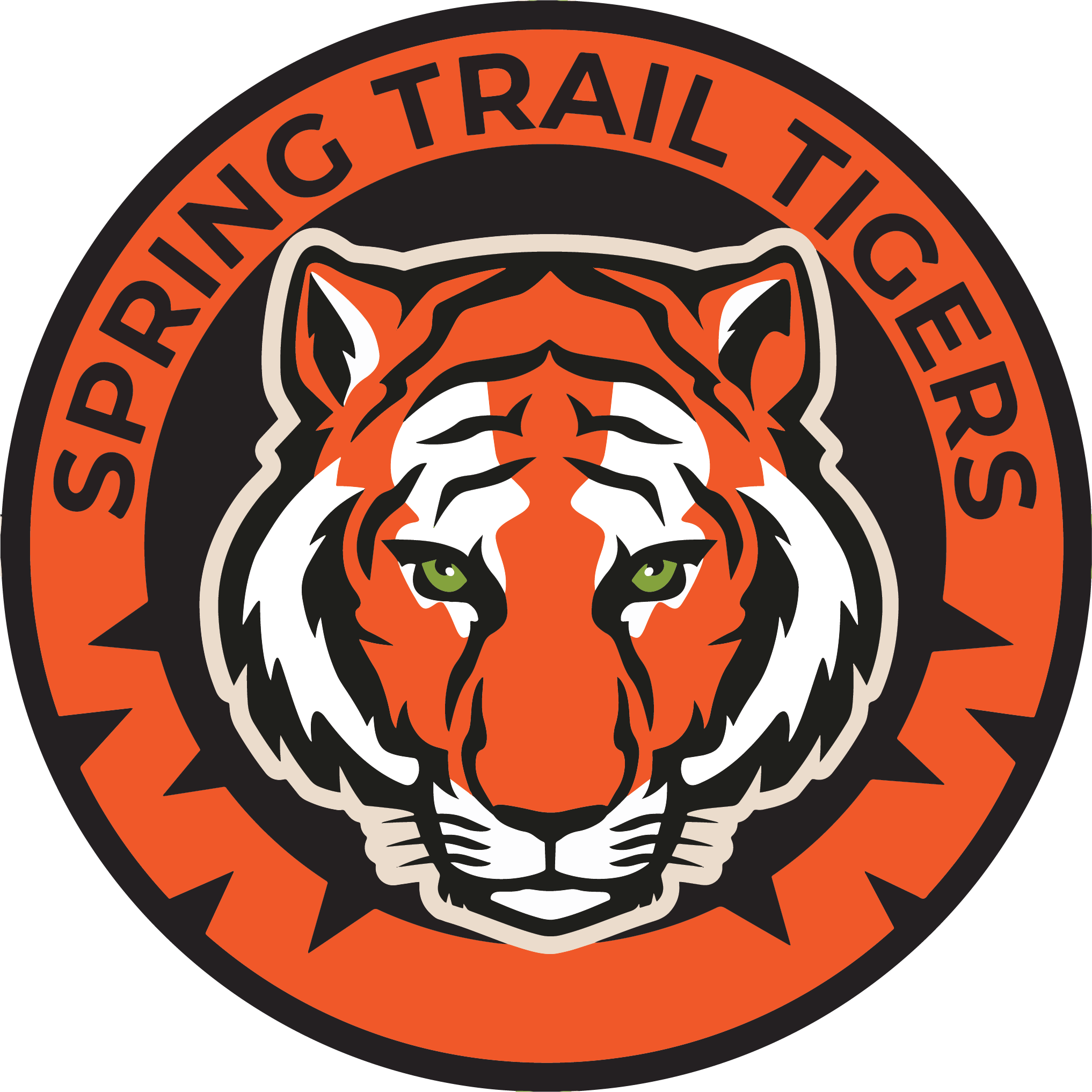 A circular logo features a tiger's head with green eyes and a black outline. The logo is bordered with orange.