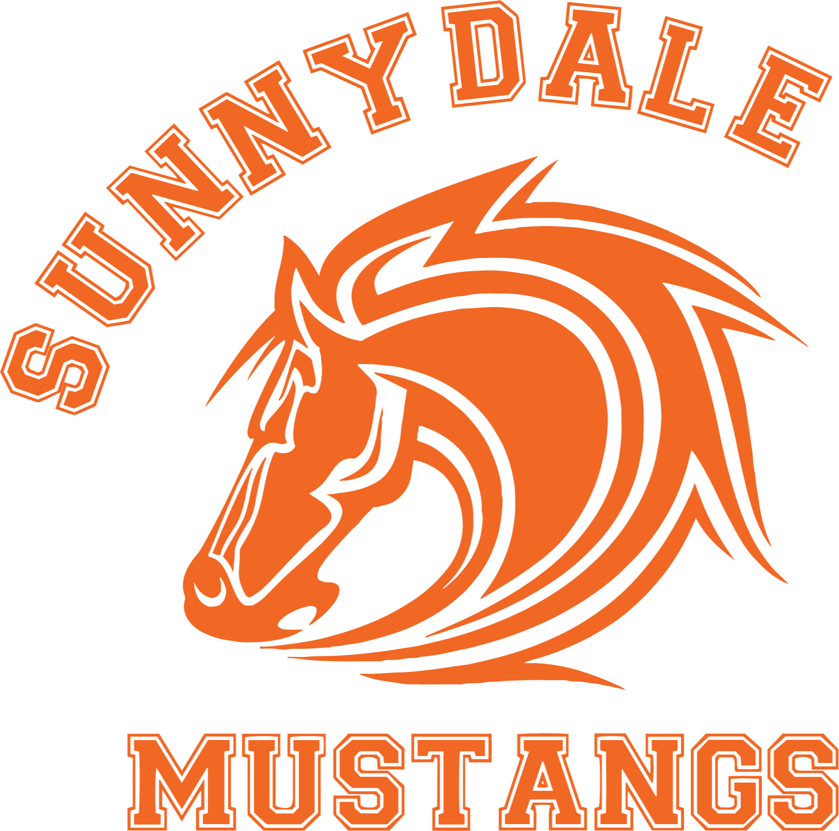 An orange horse head with a wavy mane, set against a black background. Text reads "SUNNY DALE MUSTANGS".