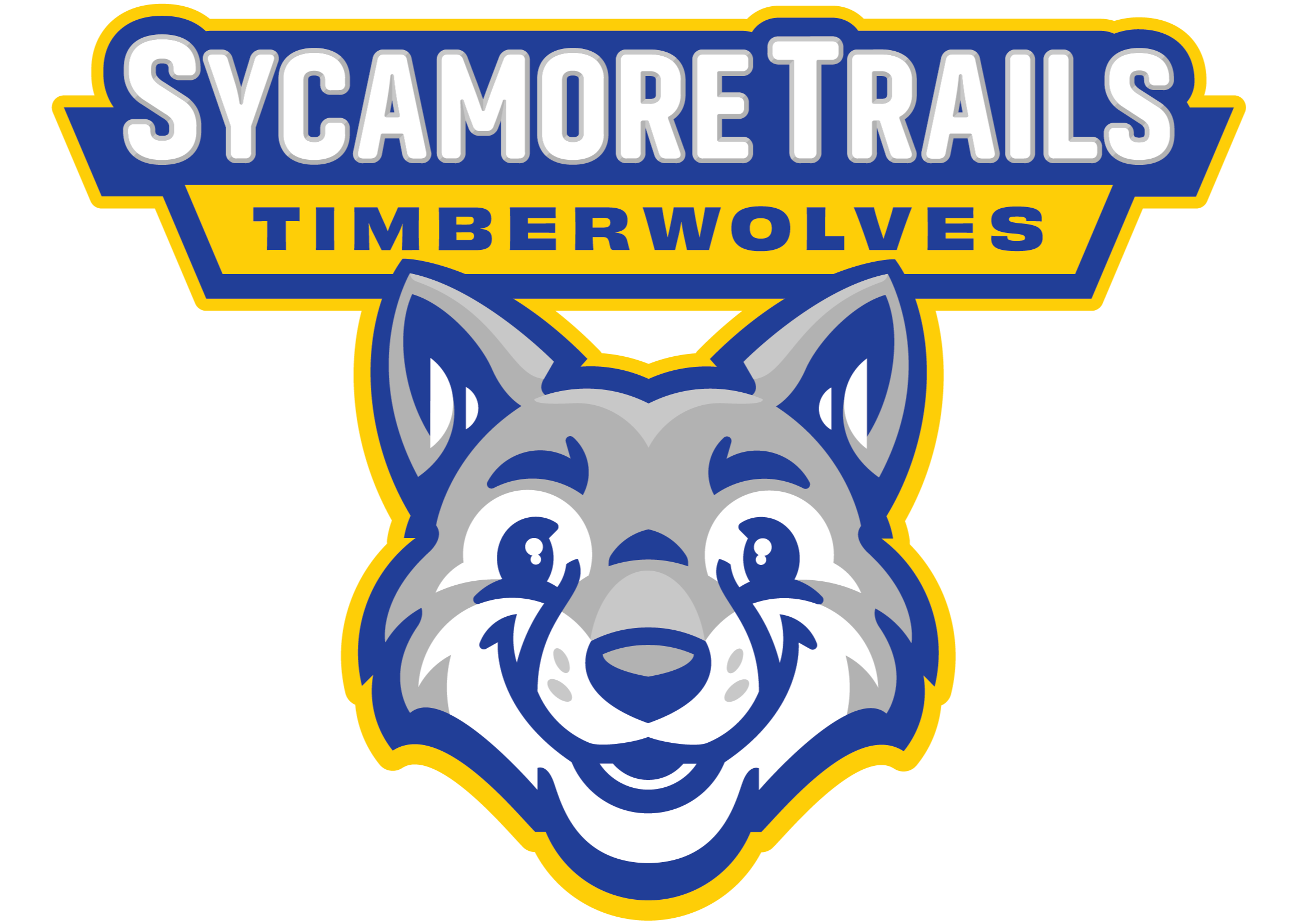A logo featuring a smiling wolf face with blue eyes and gray fur on a black background. The words "Sycamore Trails" and "Timberwolves" are above and below the wolf.