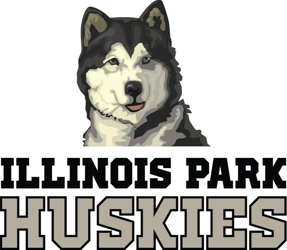 A stylized Siberian Husky head, white and black, with blue eyes, on a black background. Below it, white letters spell "Huskies".