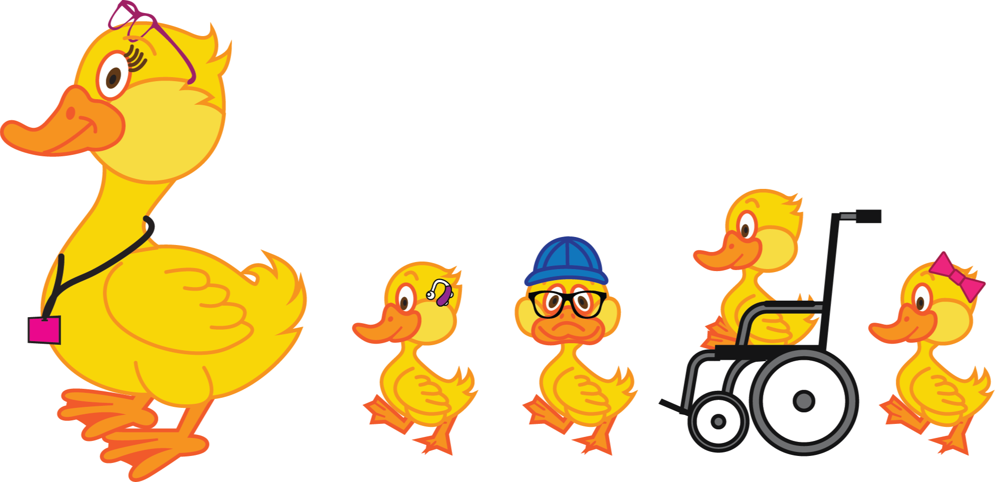 A group of yellow ducks, including a doctor duck with a stethoscope, a duck in a wheelchair, and others with different accessories.