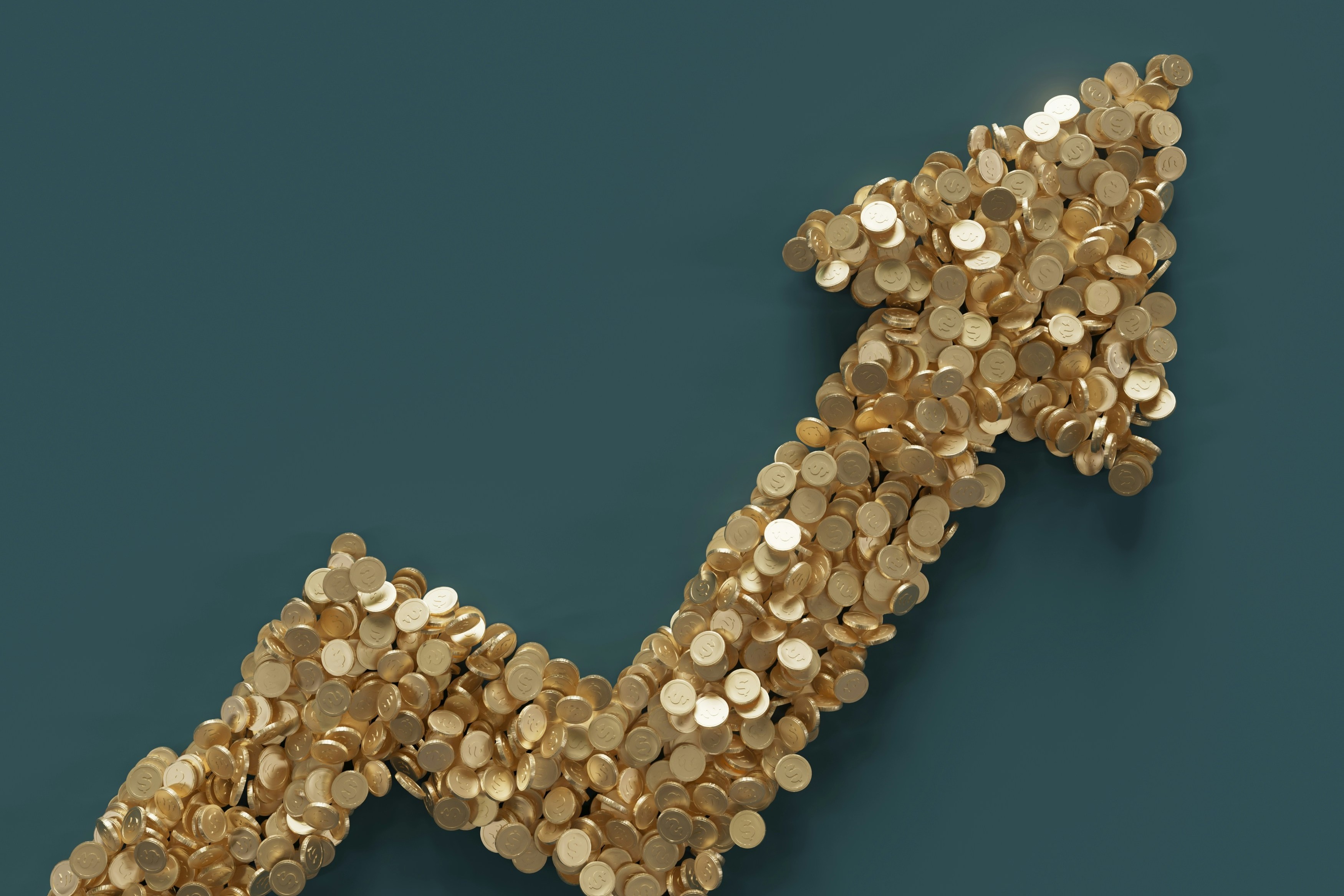 A line of gold coins arranged in a zigzag pattern against a teal background, forming an upward arrow.