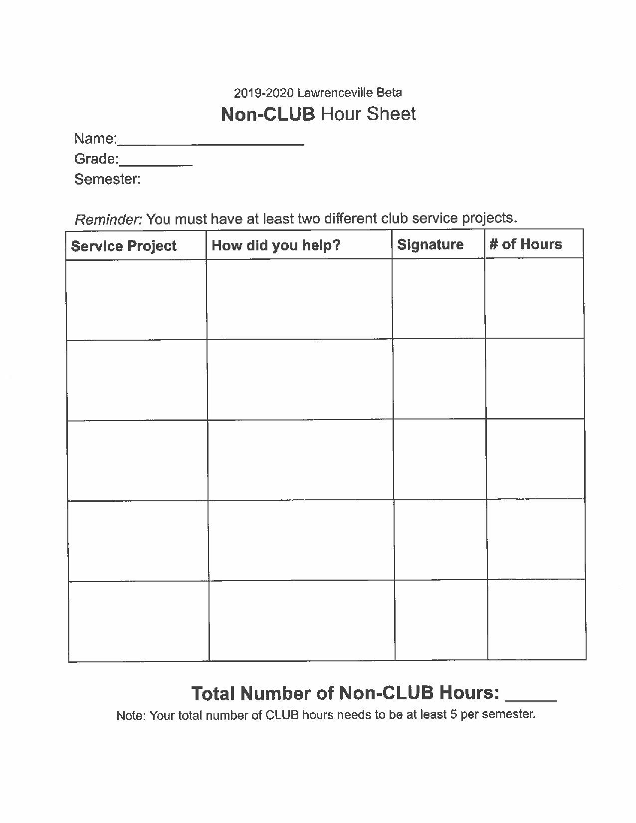 Non-Club Hour Sheet