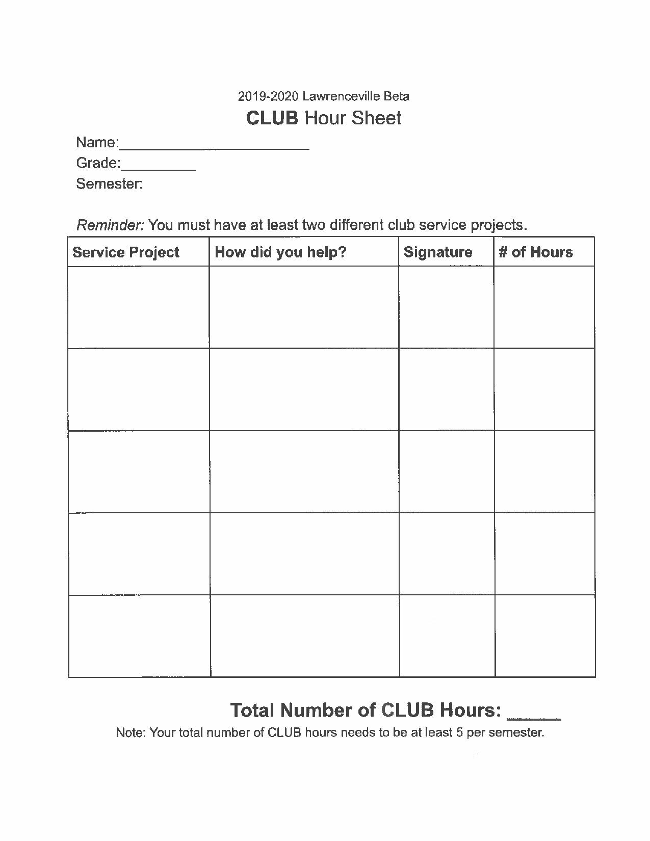 Club Hour Sheet