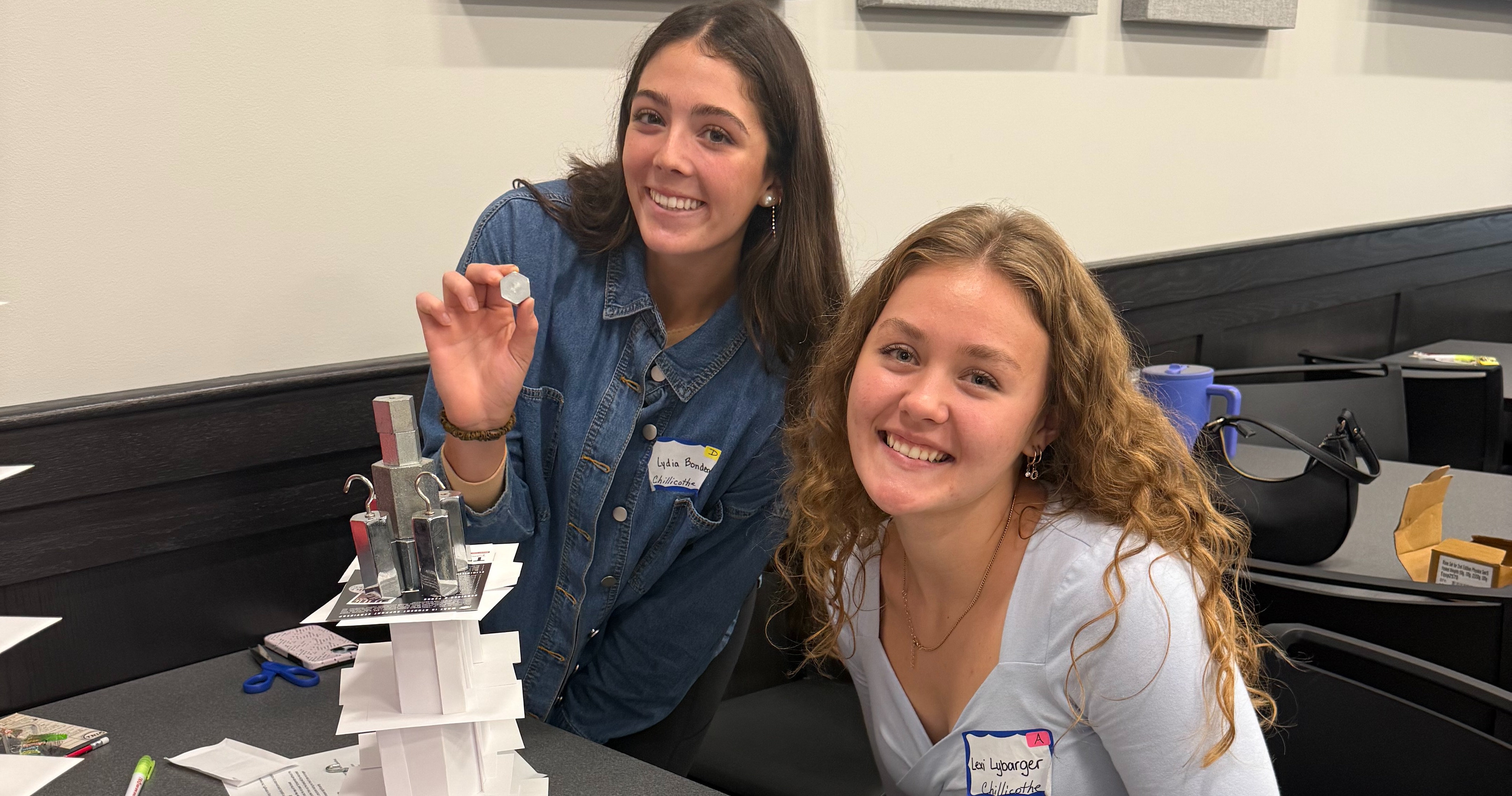 Lexy Lybarger and Lydia Bonderer in te Tallest Standing Tower Built Compeititon.