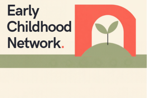 Early Childhood Network is in bold, black text with a red-orange period after Network.  A red-orange arch is on the right with a small plant with two leaves underneath.