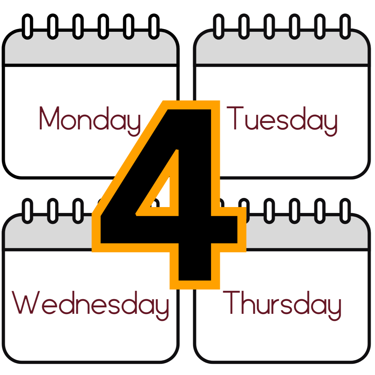 calendar with Monday, Tuesday, Wednesday, Thursday with the number 4 in the center