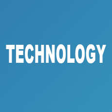 Technology in white letters blue background