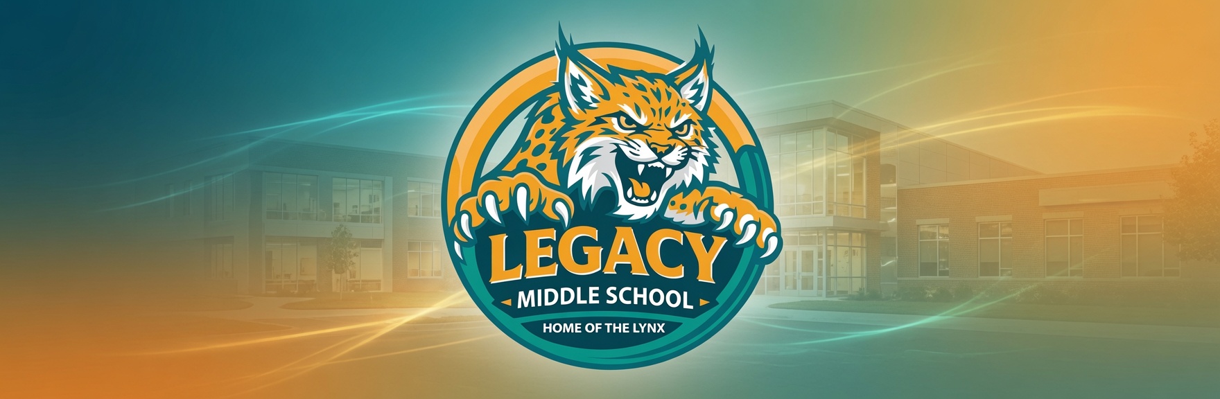 Logo for Legacy Middle School, featuring a stylized tiger and building in the background. Blue and orange gradient.