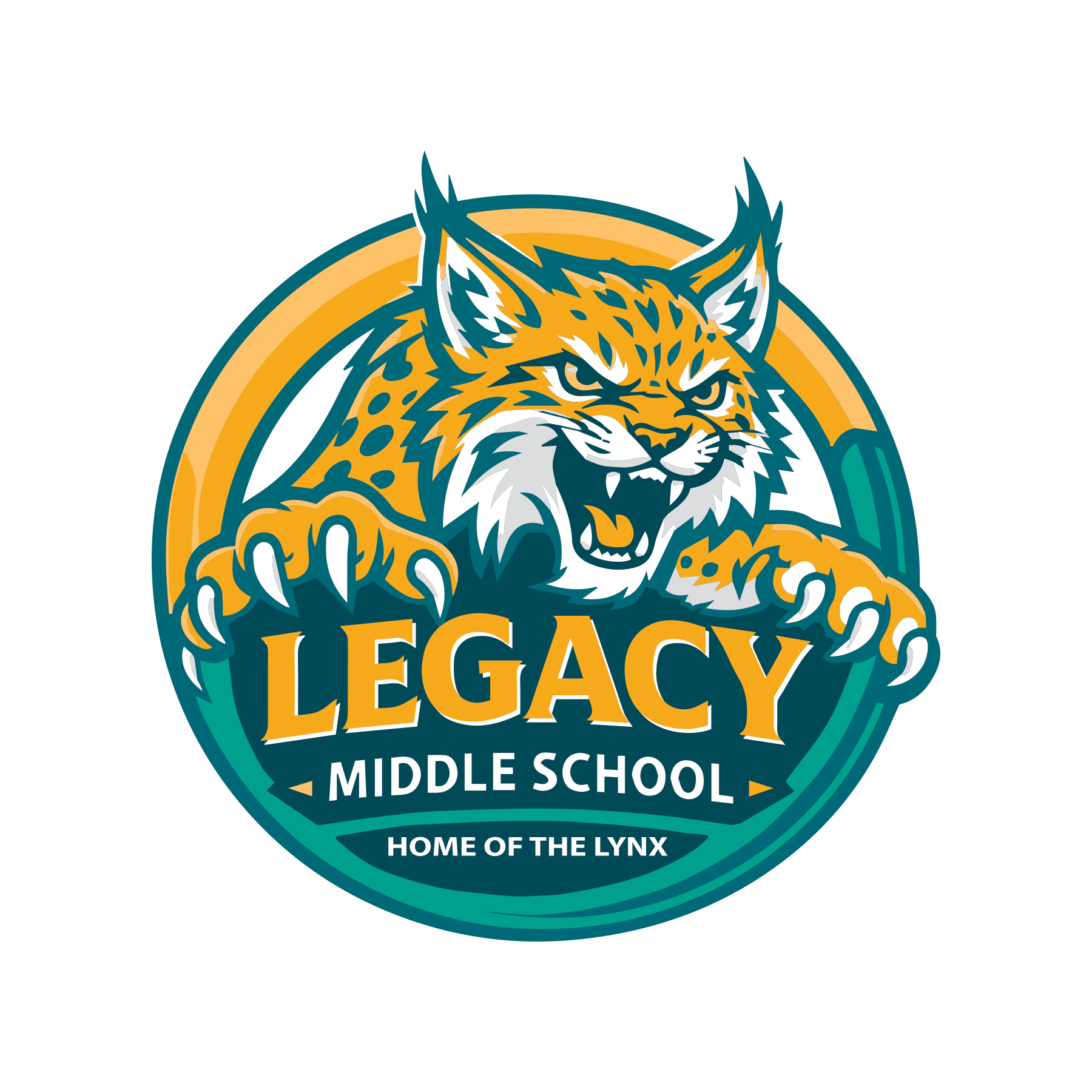 A logo with an illustration of a lynx cat, green, yellow, and black colors. Text reads: "Legacy Middle School, Home of the Lynx".