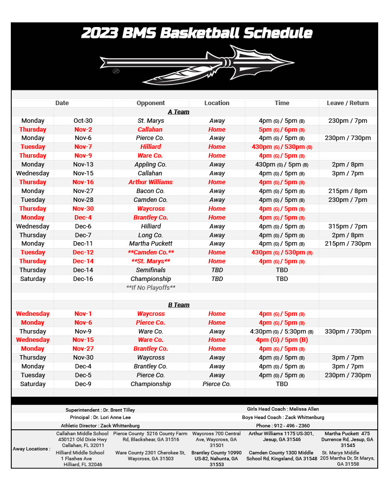 BMS Basketball Schedule 2023