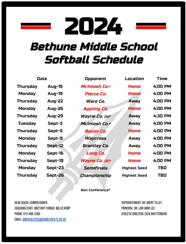 2024 Bethune Middle School Softball Schedule 