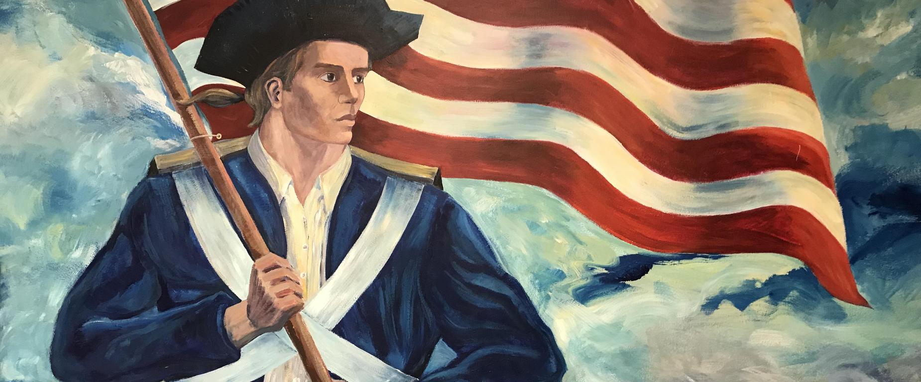 A historical painting shows a person in a blue uniform holding an American flag and a rifle against a cloudy sky.