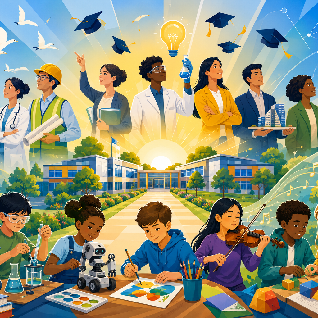 Drawing of students in various settings. Background shows a school building and a sunset. Objects include books, graduation caps, and a light bulb.