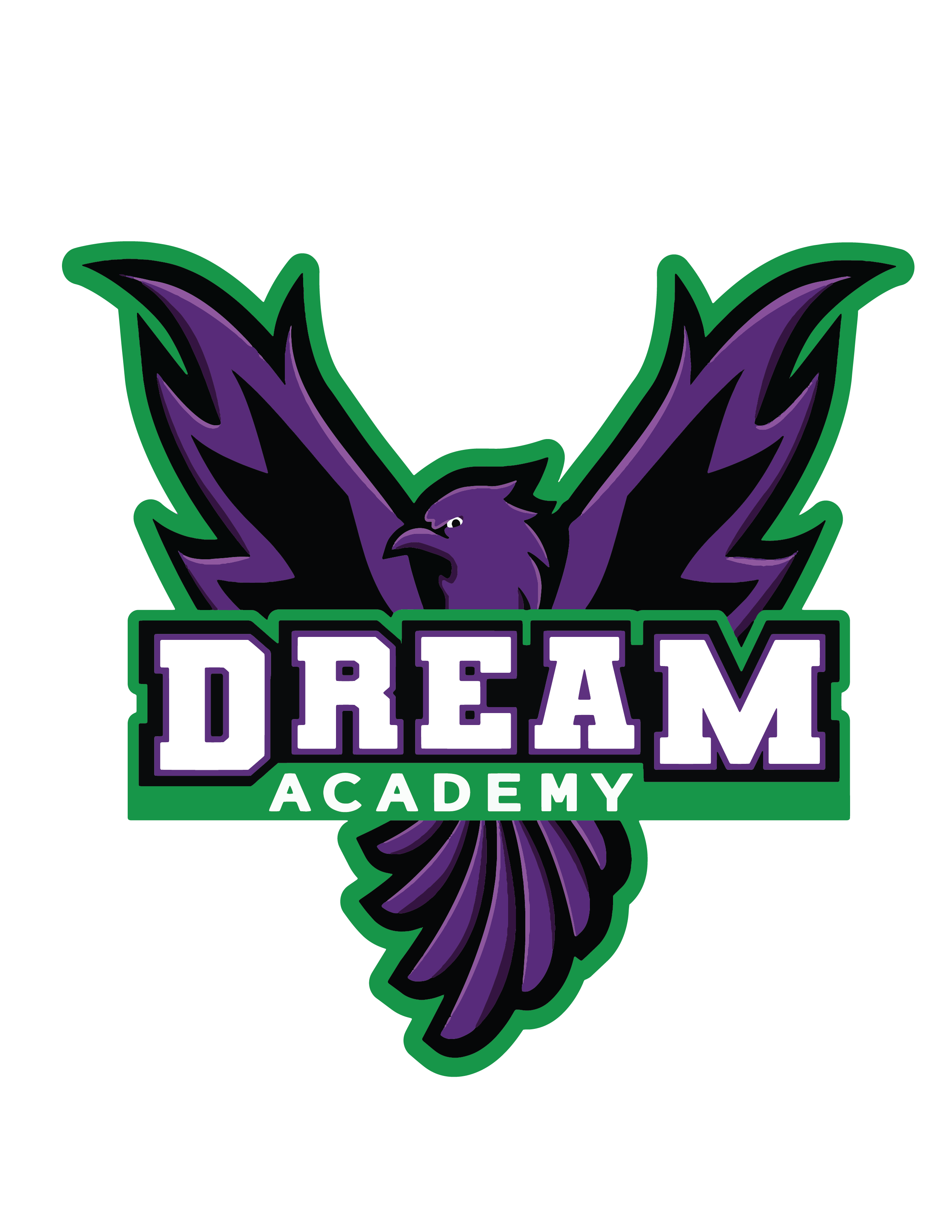 Logo features a purple and green bird with spread wings over text reading "DREAM ACADEMY" on a black background.