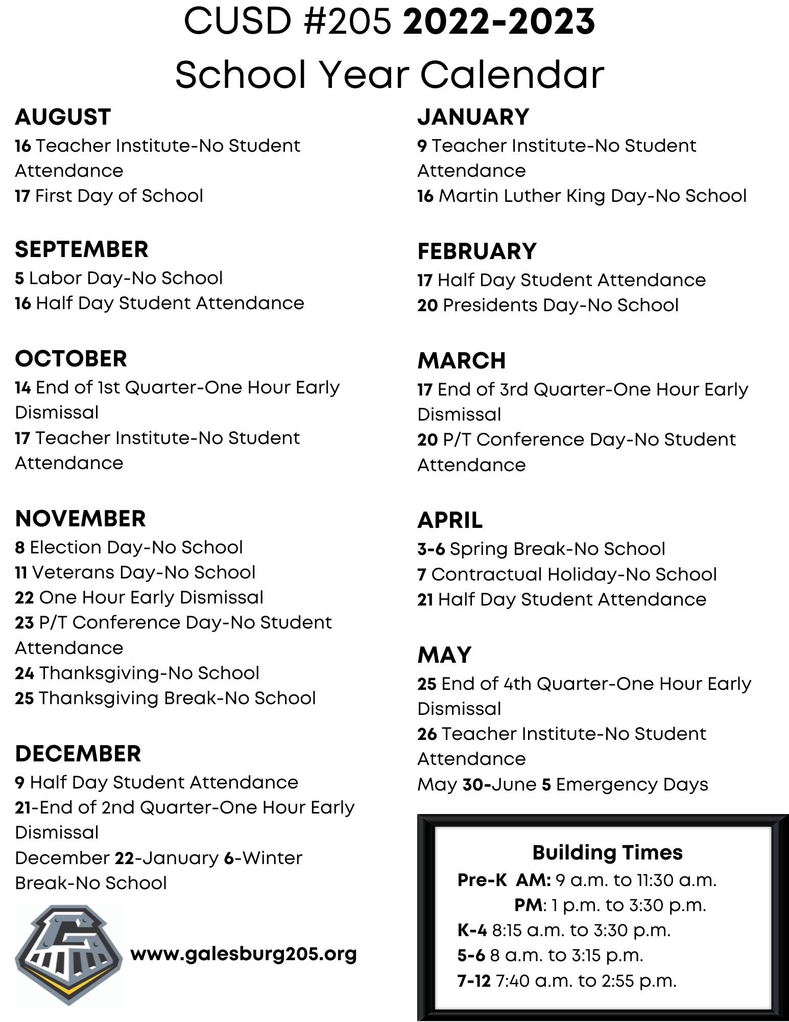 CUSD 205 School Calendar And Building Times Galesburg CUSD 205 CUSD 205 School Calendar And Building Times Galesburg CUSD 205