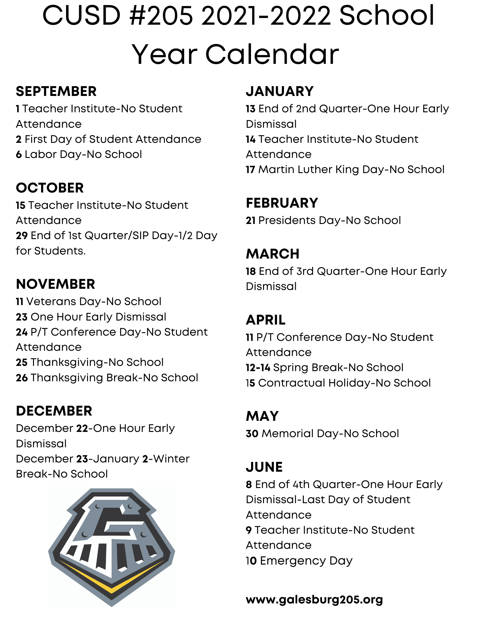 2021-2022 School Calendar 