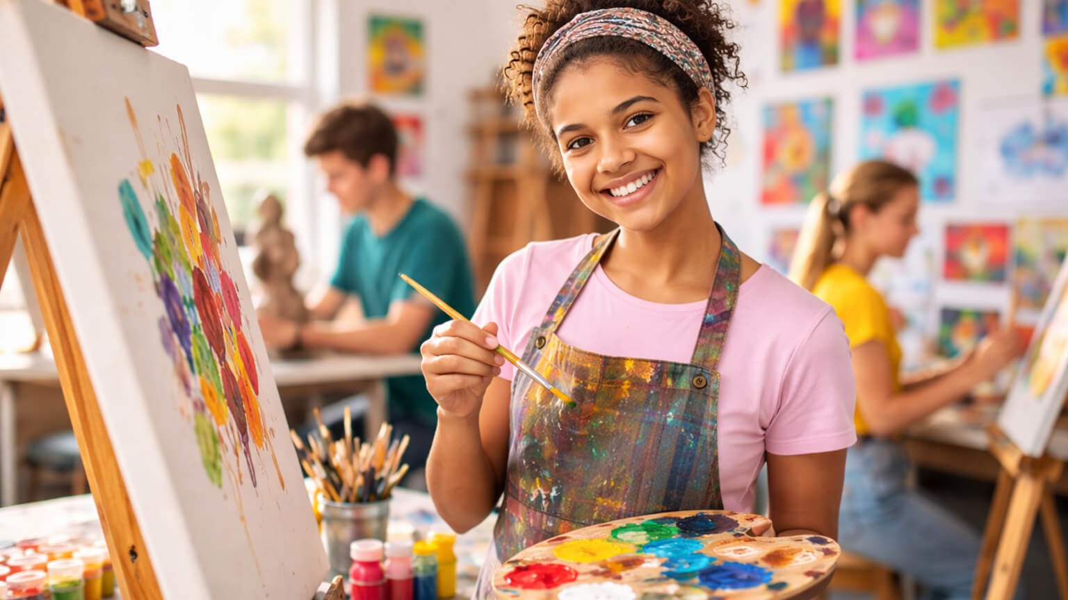 A woman in a pink shirt and headband stands in an art studio, smiling while holding a palette.