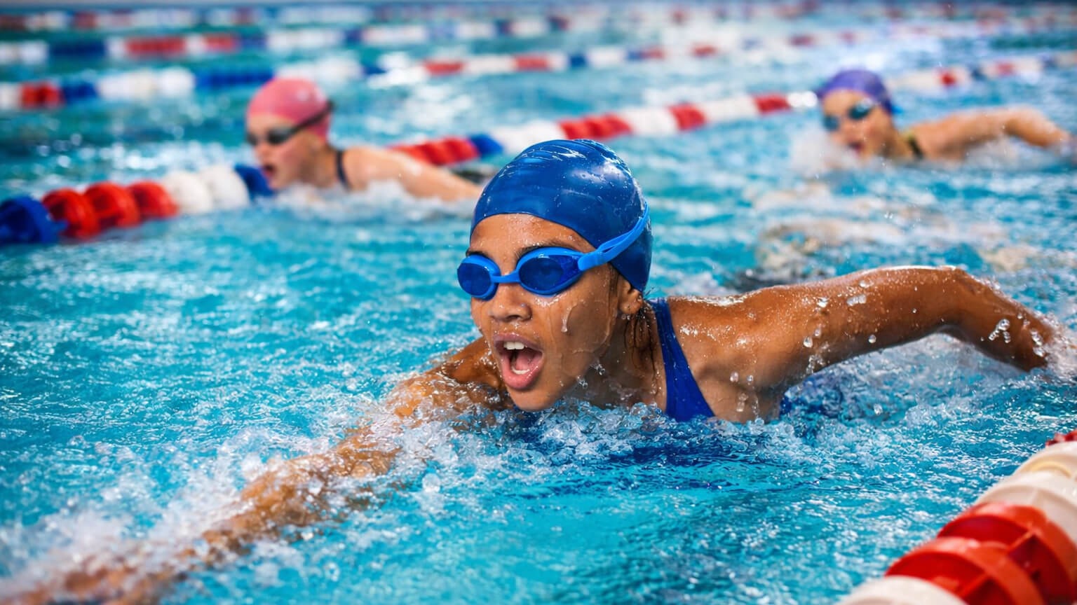 Three swimmers in goggles swim in lanes of a pool. One swimmer in blue goggles swims forward.