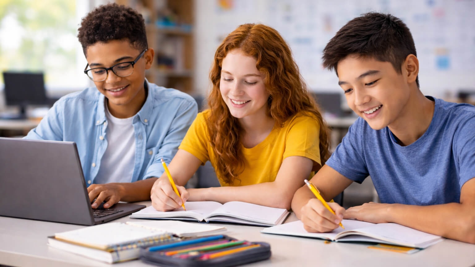 Three students seated at a table. One uses a laptop, while two others write in notebooks.