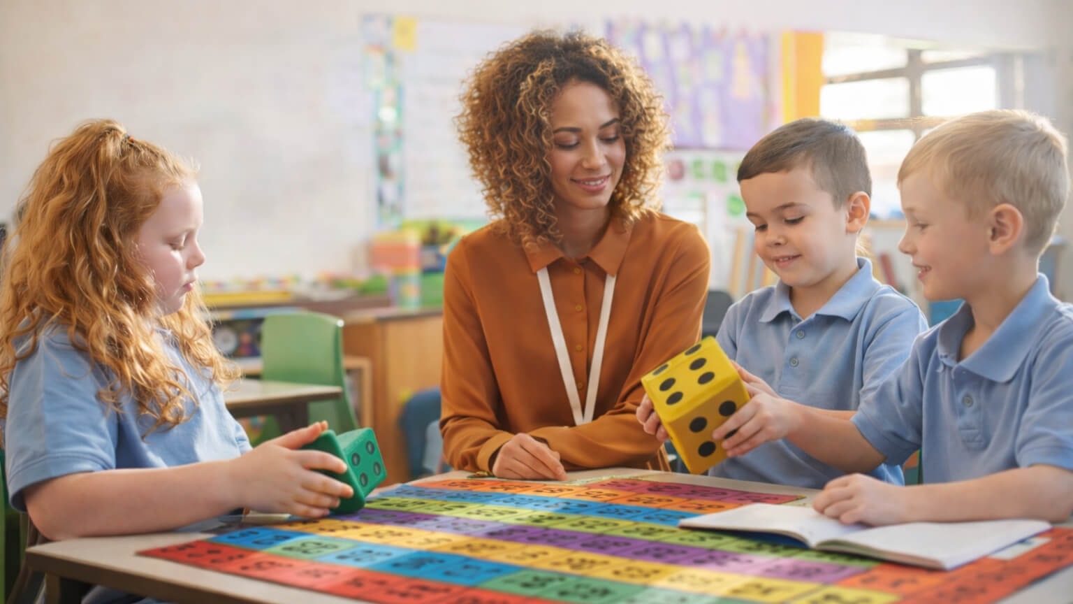 An adult and three children gather around a table with a colorful number board in a classroom.