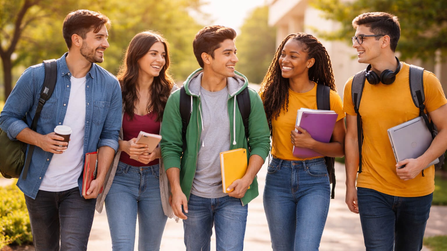 Five young adults walking together on a path. Some carry books and cups. Trees and buildings in the background.