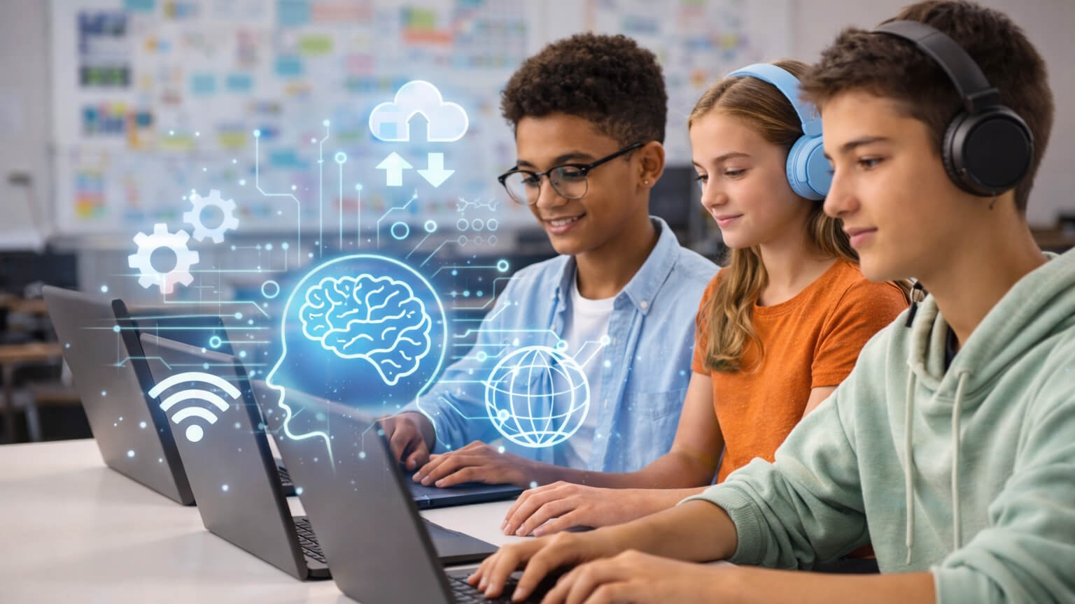 Three students using laptops in a classroom with a digital brain graphic displayed behind them.