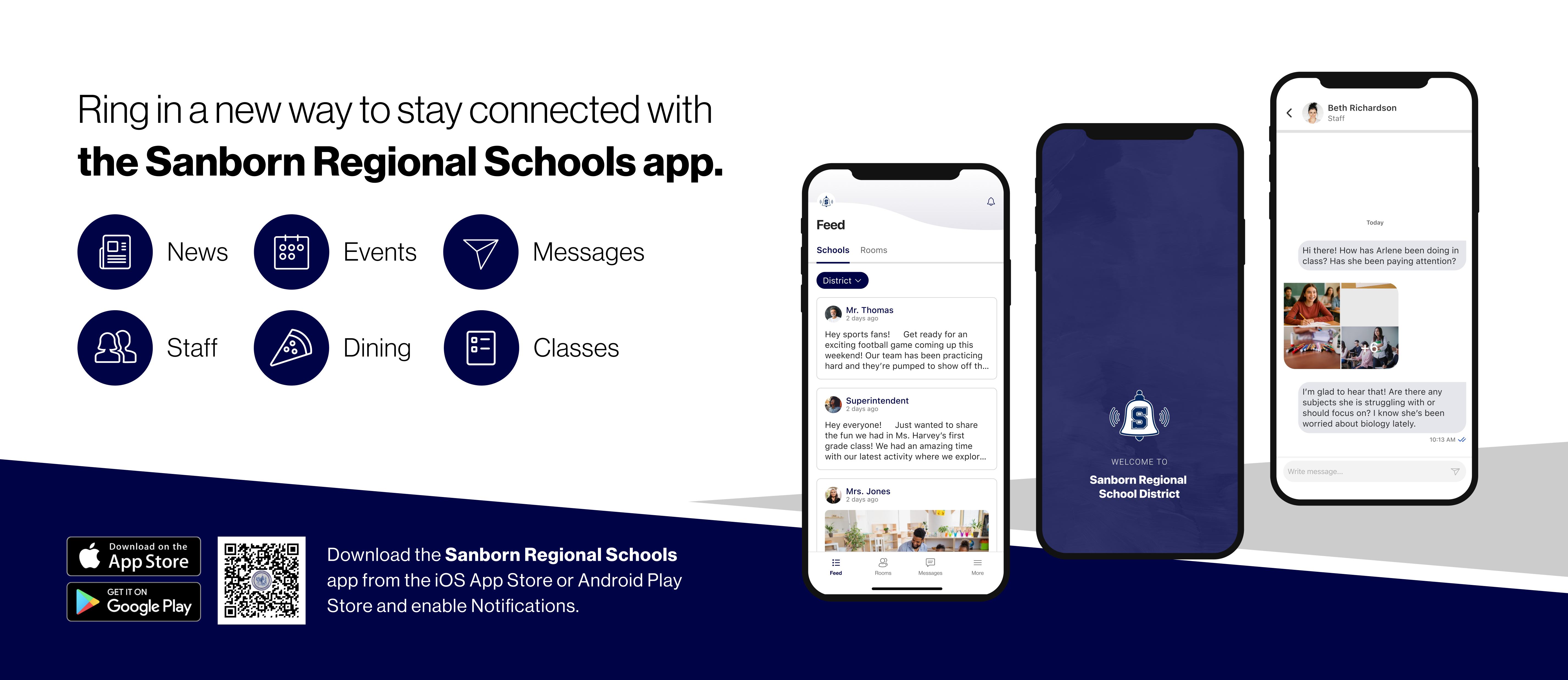 Promotional graphic for the Sanborn Regional Schools app. The app offers news, events, messages, staff information, dining menus, and classes. Download it from the App Store or Google Play and enable notifications. A QR code and sample app screens are shown.