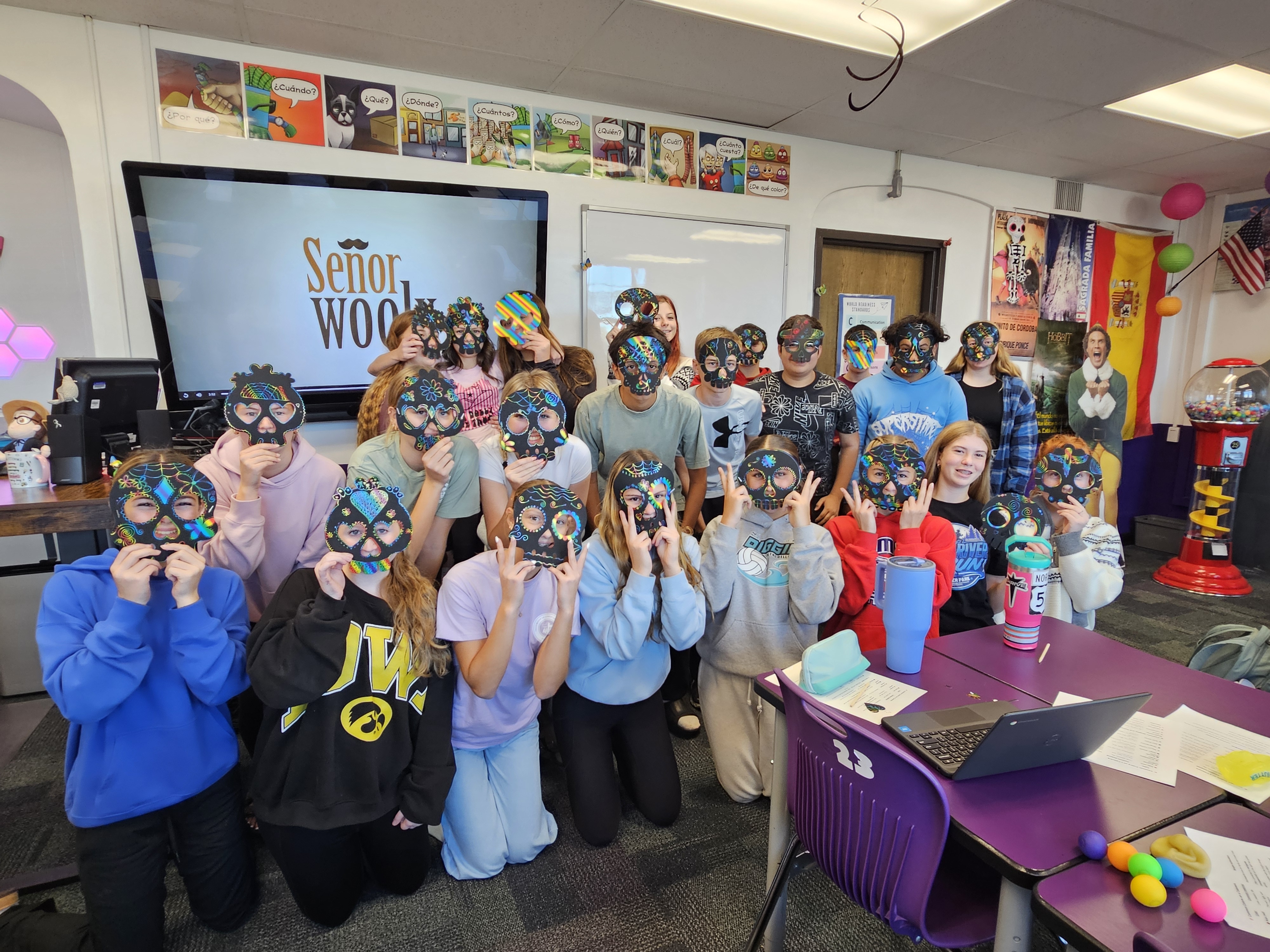 students in senora fitzankos class wearing masks on day of the dead
