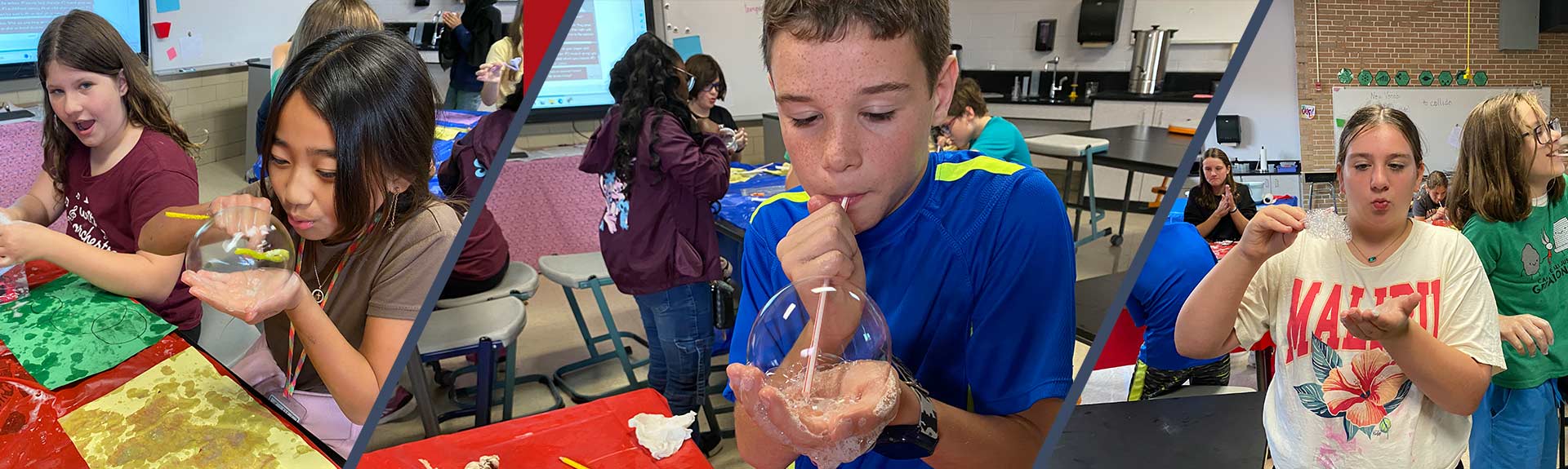 A classroom with students engaged in activities. A boy in blue chews gum while others work on crafts.