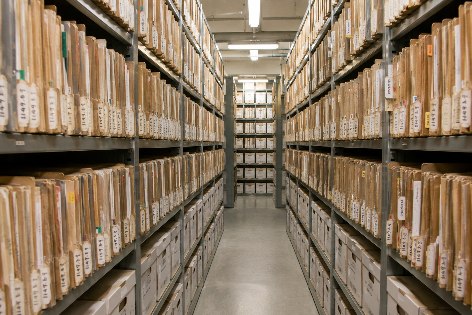 A hallway with shelves on both sides, each filled with organized rows of brown folders and boxes.