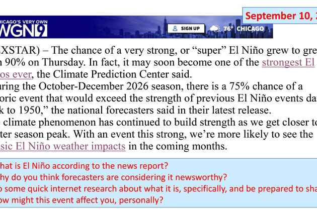 News article on screen, text reads "Chance of a very strong 'super' El Niño grew to greater than 90%."