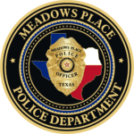 A police department badge on a black background. It features a star, Texas flag, and gold outline.